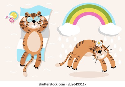 Tiger set of summer beach and rainbow illustration in color on beige background for calendar 2022, t-shirt print, card invitation, nursery poster. Flat vector illustration