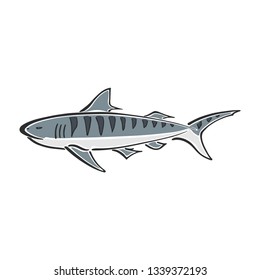 Tiger shark character abstract ink hand drawn vector logo cartoon. Simplified retro illustration. Ocean blue. Sea animal curve paint sign. Doodle color sketch. Element design, wallpaper, fabric print.