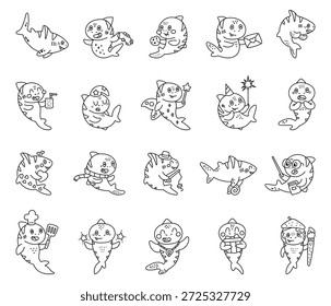 Conjunto de personagens de tubarão-tigre na arte da linha de contorno mostrando diferentes emoções e poses, segurando biscoito, carta, presente, colar, faiscador, coração, ponteiro, espátula, pincel