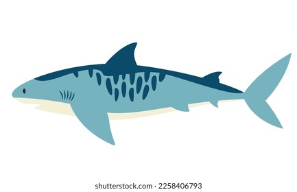 Tiger shark side view. Sea inhabitant in flat style.