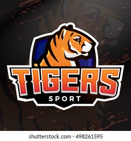 Tiger Shield Sport Mascot Template. Football Or Baseball Patch Design. College League Insignia, High School Team Vector.