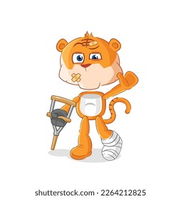 the tiger sick with limping stick. cartoon mascot vector