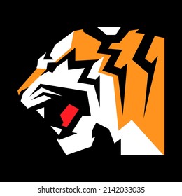 Tiger side view portrait symbol on black backdrop. Design element