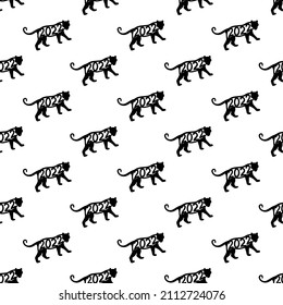 Tiger silhouette 2022, Chinese new year. Seamless pattern, endless background. Vector illustration.