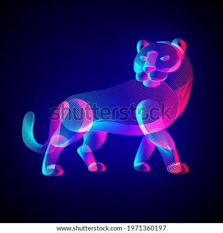 Tiger silhouette. Outline vector illustration of standing tigress - symbol of the year in the Chinese zodiac calendar. Stylized wild animal in 3d line art style on glowing neon abstract background
