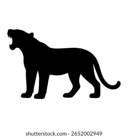 Silhueta do tigre rugido muito alto. O tigre está em pé sobre quatro patas. Sua boca é aberta e larga, com dentes afiados. O tigre parece muito irritado ou chamando outros tigres. 
