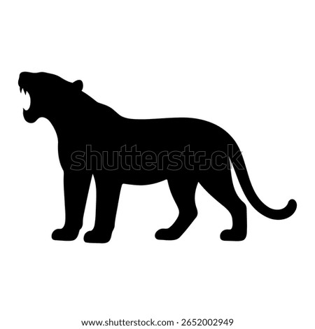 Tiger silhouette roaring very loud. The tiger is standing on four legs. Its mouth is open wide with sharp teeth showing. The tiger looks very angry or calling other tigers. 