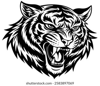Tiger Silhouette Vector Art in Black and White, Wild Tiger Illustration Vector Design for Printing and Craft Projects