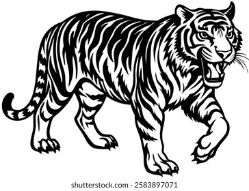 Tiger Silhouette Vector Art in Black and White, Wild Tiger Illustration Vector Design for Printing and Craft Projects