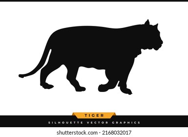 Tiger silhouette vector. Walking tiger silhouette. Big wild cat vector black illustration isolated on white background. Wild animal graphic, icon, logo.