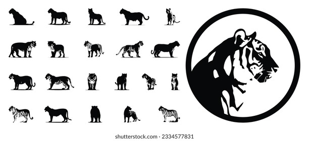 tiger silhouettes set illustration for icon logo label sign