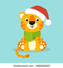 Símbolo tigre con sombrero de santa. Caricatura. Ilustración vectorial colorida. Aislado en el fondo del color. Elemento de diseño. Plantilla para su diseño, libros, pegatinas, tarjetas.