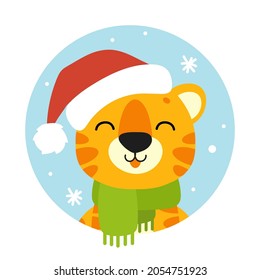 Tiger simbol in a santa hat. Cartoon character. Colorful vector illustration. Isolated on color background. Design element. Template for your design, books, stickers, cards.
