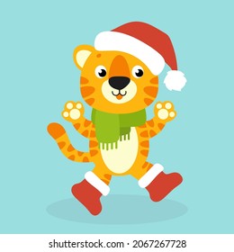 Tiger simbol in a santa hat. Cartoon character. Colorful vector illustration. Isolated on color background. Design element. Template for your design, books, stickers, cards.