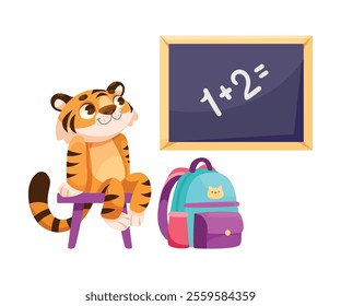 Tiger Sit at Chalkboard with Backpack as Animal School Student and Pupil Enjoy Study Vector Illustration