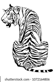 Tiger sit down and look back design for tribal tattoo vector with white background