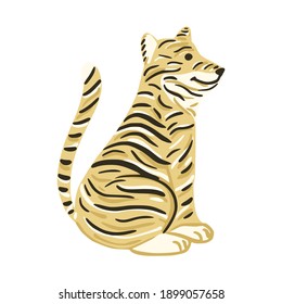 Tiger sits isolated on white background. Cute character from safari in striped. Doodle vector illustration.