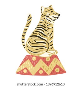 Tiger sits on circus trapeze isolated on white background. Cute character from safari in striped. Doodle vector illustration.