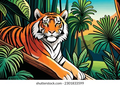 the tiger was sitting among the forest trees.Vector art animal