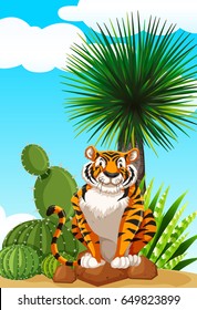 Tiger sitting in cactus garden illustration