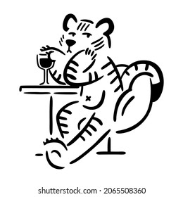 Tiger sitting in chair with glass of wine. Chinese zodiac animal. Symbol of the new year 2022, 2034. Vector illustration isolated on white background. Abstract art. Design print.