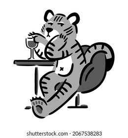 Tiger sitting in chair with glass of wine. Chinese zodiac animal. Symbol of the new year 2022, 2034. Vector illustration isolated on white background. Abstract monochrome art. Design print.