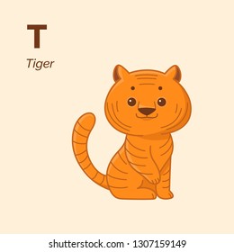 Tiger sitting, cute character for children. Vector illustration in cartoon style.