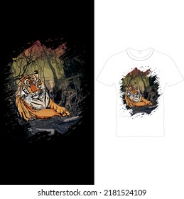 
The Tiger is sitting in the forest.Hunting Tiger T-shirt Design. HUNTING GRAPHIC TEES,HUNTING VECTOR,HUNTING TEMPLATE. Best Unique Hunting T-shirt Image Vector..Typography Hunting T-Shirt Design.