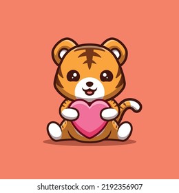 Tiger Sitting Love Cute Creative Kawaii Cartoon Mascot Logo