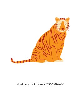 Tiger is sitting. Noble wild striped feline, fast and agile animal. Colorful vector isolated illustration hand drawn. Year of the tiger