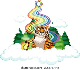 A tiger sitting on the cloud with rainbow on white background illustration