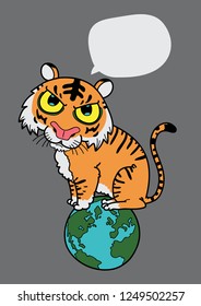Tiger sitting on the world ,hand drawn vector illustration. 