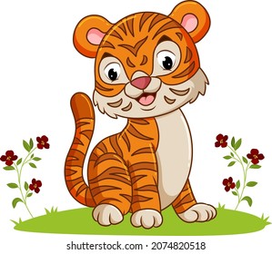 The tiger is sitting and playing in the garden of illustration
