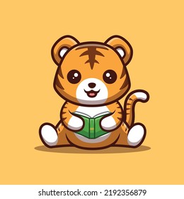 Tiger Sitting Reading Book Cute Creative Kawaii Cartoon Mascot Logo