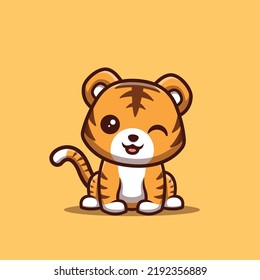 Tiger Sitting Winking Cute Creative Kawaii Cartoon Mascot Logo