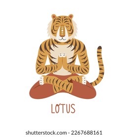 Tigre sentado en una pose de yoga. pose de yoga Lotus. Animales antropomórficos. Ilustración vectorial única dibujada a mano.