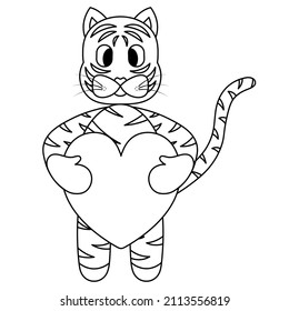 Tiger. Sketch. A striped kitten holds a heart in its paws. Vector illustration. The animal brings you the symbol of lovers. Coloring book. Valentines day. Fairy tale character with a tail and mustache