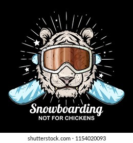 Tiger in ski goggles and crossed snowboard. 