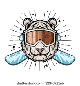 Tiger in ski goggles and crossed snowboard. 