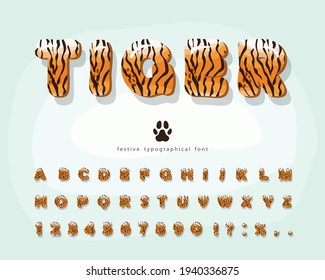 Tiger skin cartoon font. Funny colorful alphabet for kids. Vector illustration