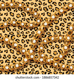 Tiger skin with gold chains and pearls seamless pattern. Yellow cat spots with black jaguar scheme color outlines in cheetah vector