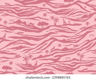 Huella de tigre con montaña y animal. safari vibes de verano sin costura Vector de patrón, Diseño para moda , tela, textil, papel de pared , envoltura y todas las impresiones 