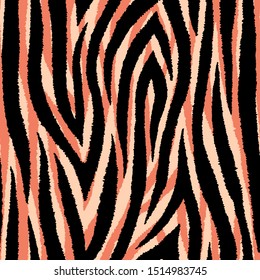 Tiger skin seamless pattern. Animal stripes background. Black and orange repeating backdrop. Detailed hand-drawn vector illustration. Exotic print for fabrics, posters, banners, etc.	