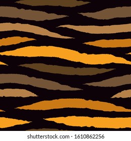 Tiger skin seamless pattern. Animal fur print. Repeating stripes motif. Wildlife, natural camouflage texture. Savannah safari inspired background. Vector abstract wallpaper