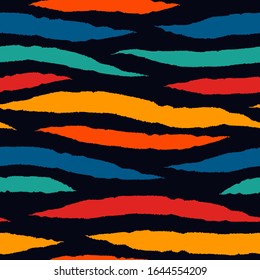 Tiger skin seamless pattern. Animal fur print. Repeating stripes motif. Wildlife, natural camouflage texture. Savannah safari inspired background. Vector abstract wallpaper