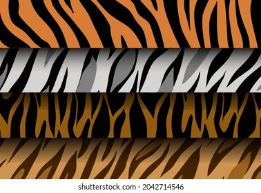 Juego de patrones sin costuras de piel de tigre. Piel de mamíferos. Colección de máscaras de impresión. Fondo imprimible. Ilustración vectorial.
