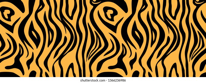 Tiger skin - seamless pattern. Vector printing illustration for fabric. Fashion style trendy stripes. African motifs pattern for clothes. Zebra black lines on an orange background.