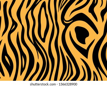 Tiger skin - seamless pattern. Vector printing illustration for fabric. Fashion style trendy stripes. African motifs pattern for clothes. Zebra black lines on an orange background.