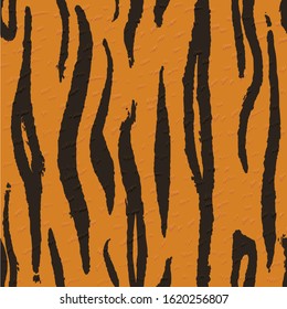 Tiger Skin Seamless Pattern. Vector Black Stripes on Orange Background.