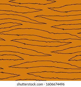 Tiger skin striped seamless surface pattern. Animal fur linear doodle print. Freehand sketch background. Hand drawn outlines wallpaper. Repeating irregular stripes texture. Vector abstract graphic